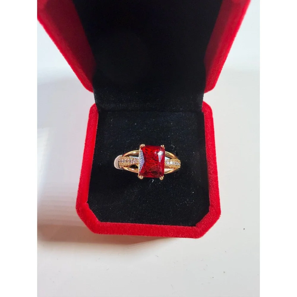 Gold Tone Emerald Cut Ruby Red Stone Cocktail Ring Pave Accent Size 8.75
